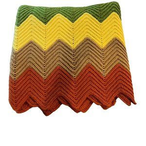 Crocheted Afghan Vintage Chevron Pattern 70's Yellow Orange Brown Green Homemade